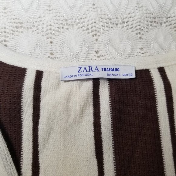Zara Trafaluc textured knit midi shift dress brown ivory size L vertical stripes - Picture 6 of 7